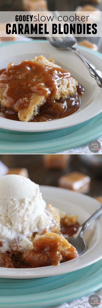 These Gooey Slow Cooker Caramel Blondies are soft, rich blondies that are slow cooked, creating a gooey caramel sauce for a killer dessert with minimal effort.