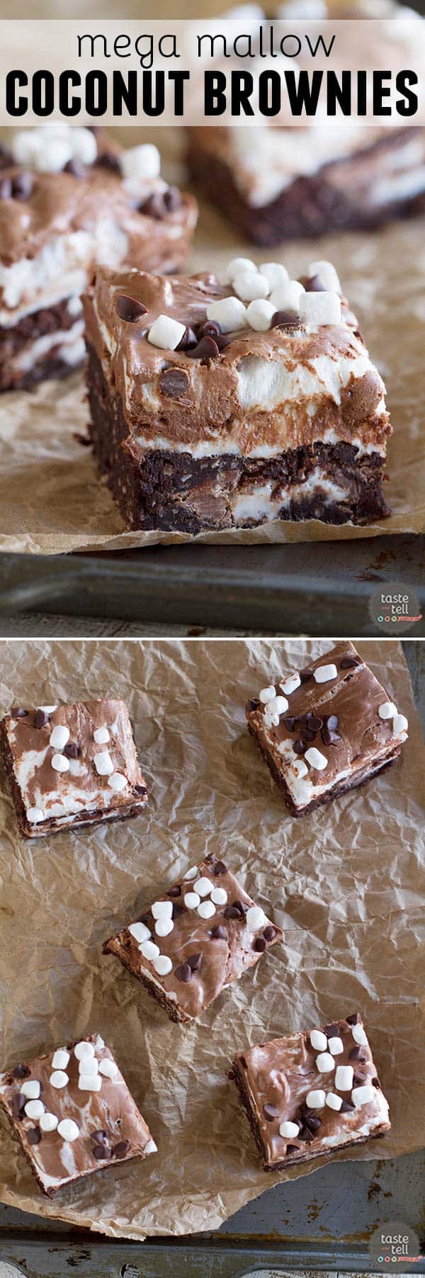 Brownies taken to the extreme - these Mega Mallow Coconut Brownies have rich, fudgy coconut brownies filled with Mallow Cups and topped with lots of marshmallow and chocolate. Prepare to indulge!