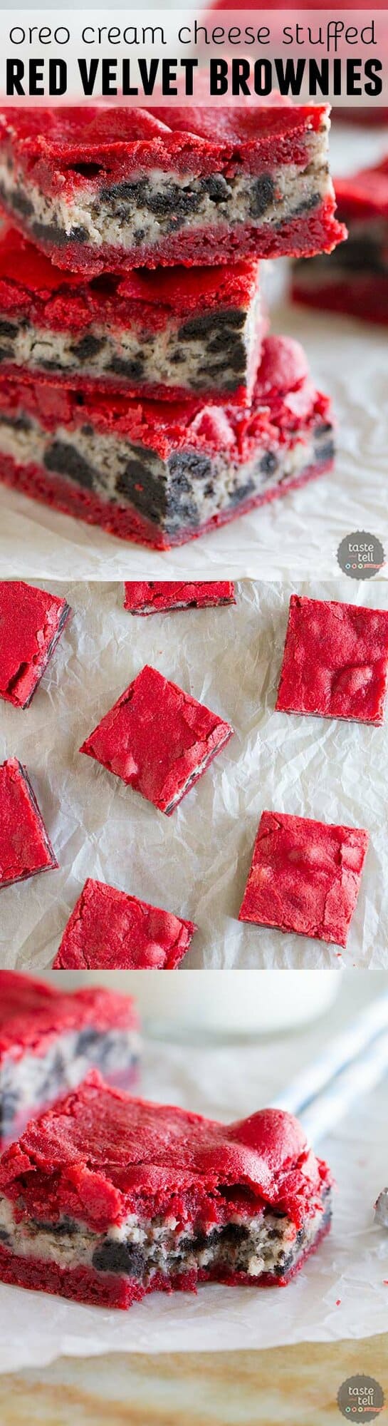 Red velvet brownies are layered with a cream cheese filling in these layered Oreo Cream Cheese Stuffed Red Velvet Brownies that are perfect for any red velvet lover.