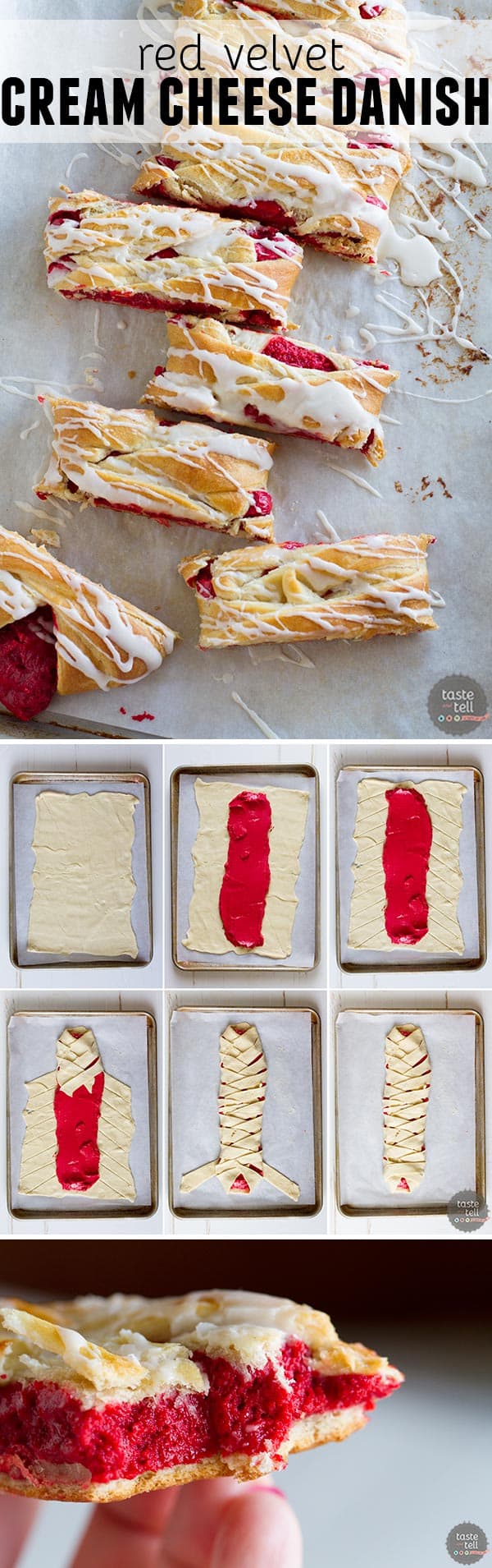 This easy cream cheese danish goes red velvet!  A creamy red velvet center is surrounded by crescent dough and baked to perfection.  An easy glaze finishes off this danish that is perfect for breakfast or brunch.