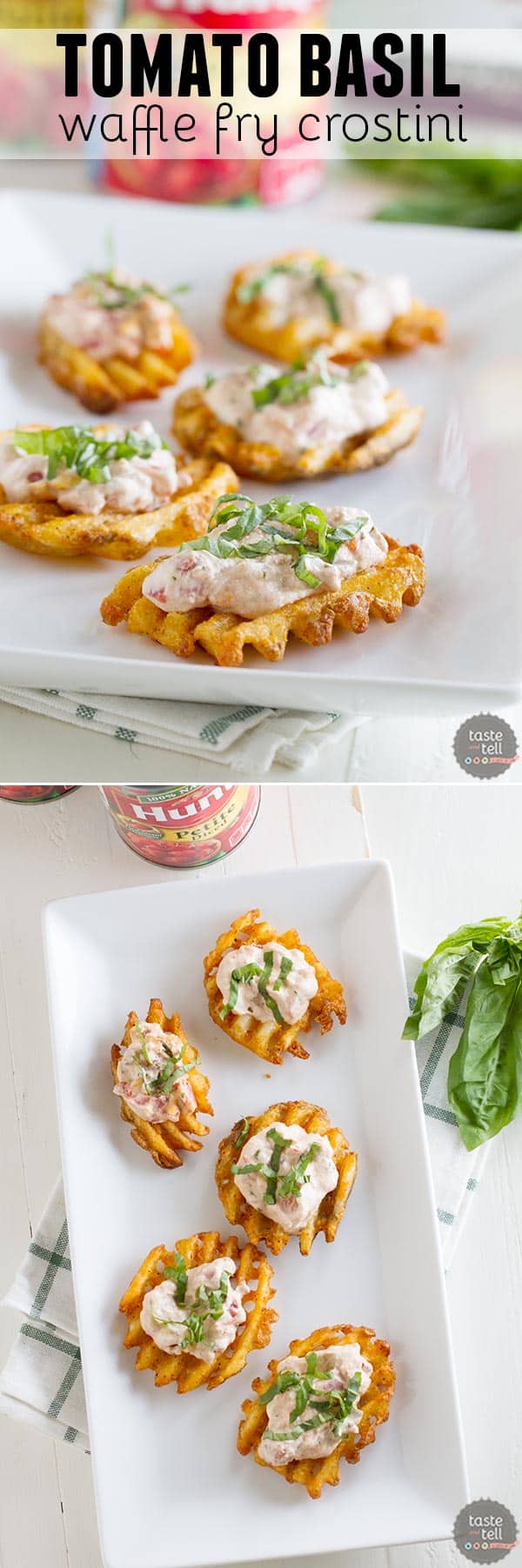 These Tomato Basil Waffle Fry Crostini are a fun way to serve an addictive dip. My husband said they are good enough to be served at a restaurant!