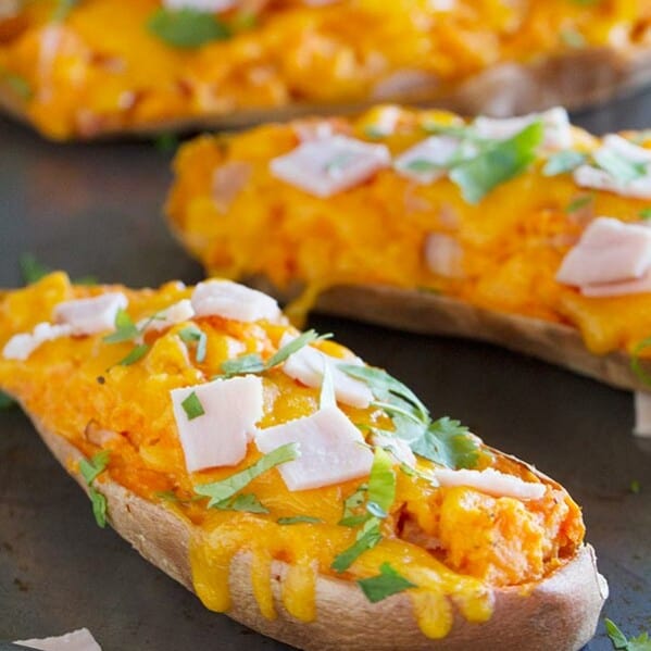 Twice Baked Sweet Potatoes with Cheddar and Canadian Bacon - a great side dish, or even perfect as a main dish!