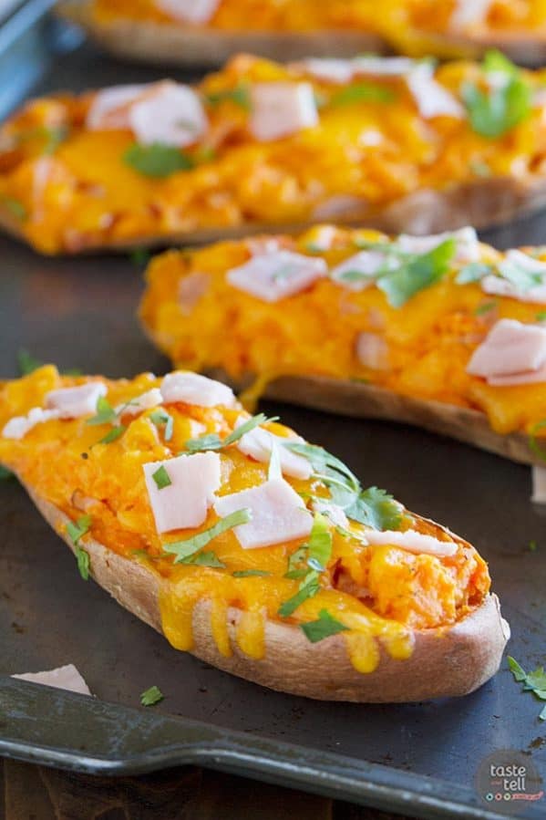 Twice Baked Sweet Potatoes with Cheddar and Canadian Bacon - a great side dish, or even perfect as a main dish!