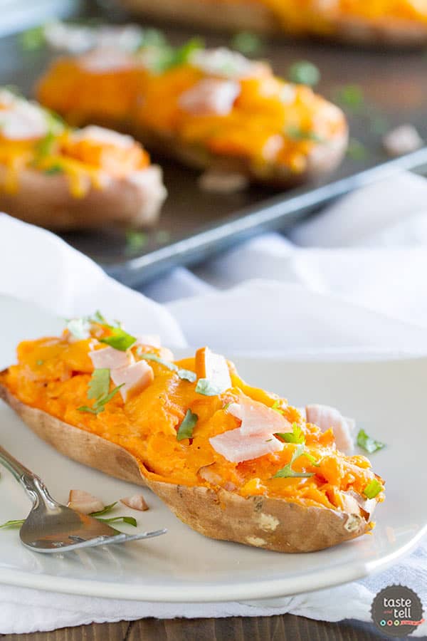 Twice Baked Sweet Potatoes with Cheddar and Canadian Bacon - creamy and cheesy!