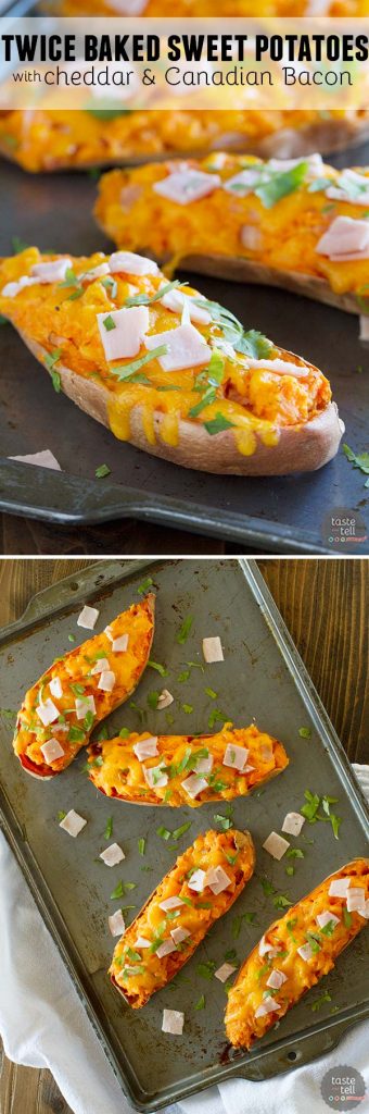 Cheesy and creamy, these Twice Baked Sweet Potatoes with Cheddar and Canadian Bacon make a great side dish or a filling main dish.