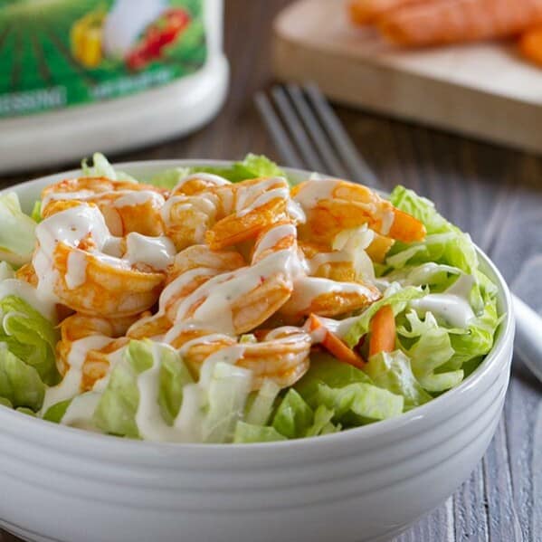 The perfect fast lunch, this Buffalo Ranch Shrimp Salad is spicy and creamy and done in 10 minutes.