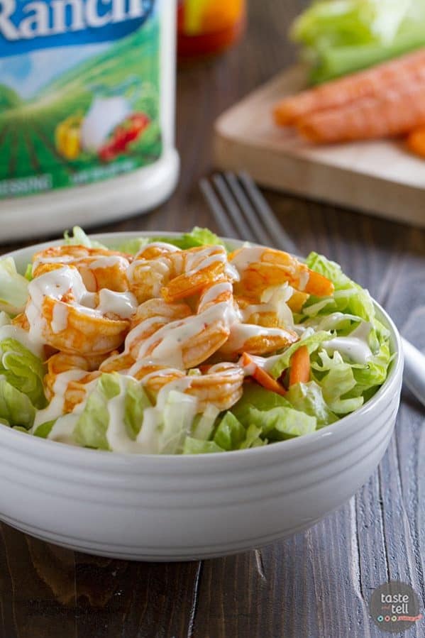 The perfect fast lunch, this Buffalo Ranch Shrimp Salad is spicy and creamy and done in 10 minutes.