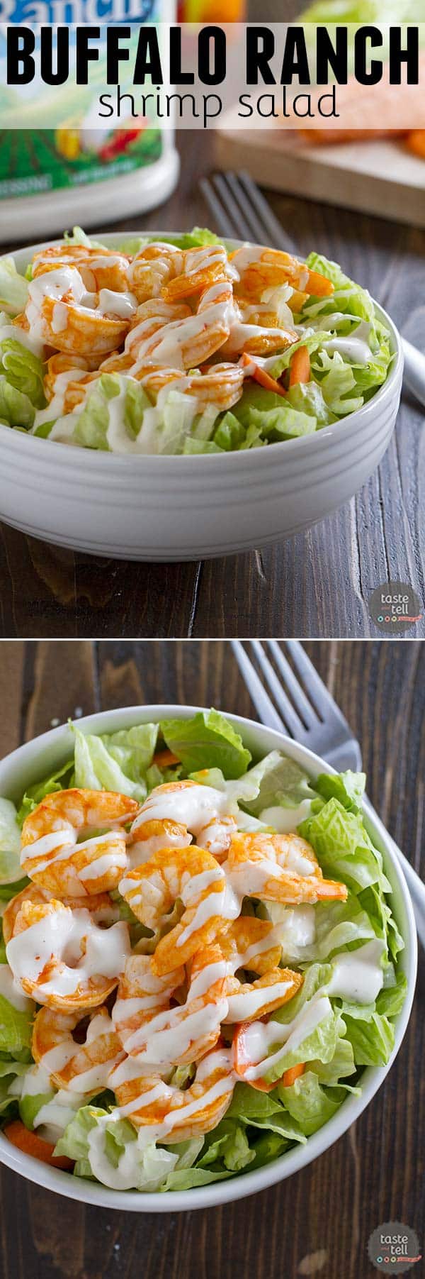 The perfect fast lunch, this Buffalo Ranch Shrimp Salad is spicy and creamy and done in 10 minutes.