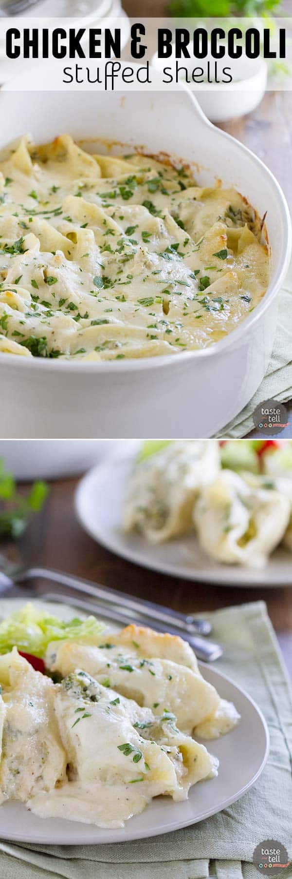Chicken, broccoli and lots of cheese are stuffed in large pasta shells, then baked with a cheesy Alfredo on top in these Chicken and Broccoli Stuffed Shells that are creamy and cheesy and definitely delicious.