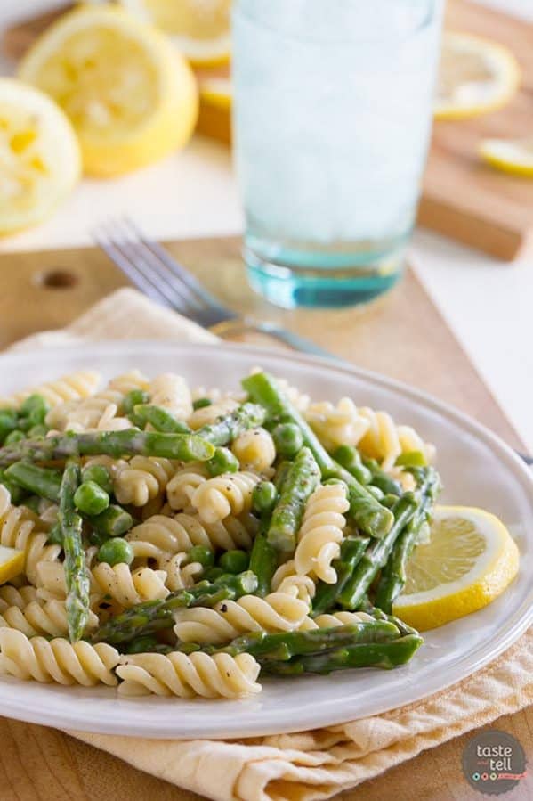 A light citrus flavor brightens this silky cream sauce in this Lemon Cream Sauce Pasta with Asparagus and Peas.