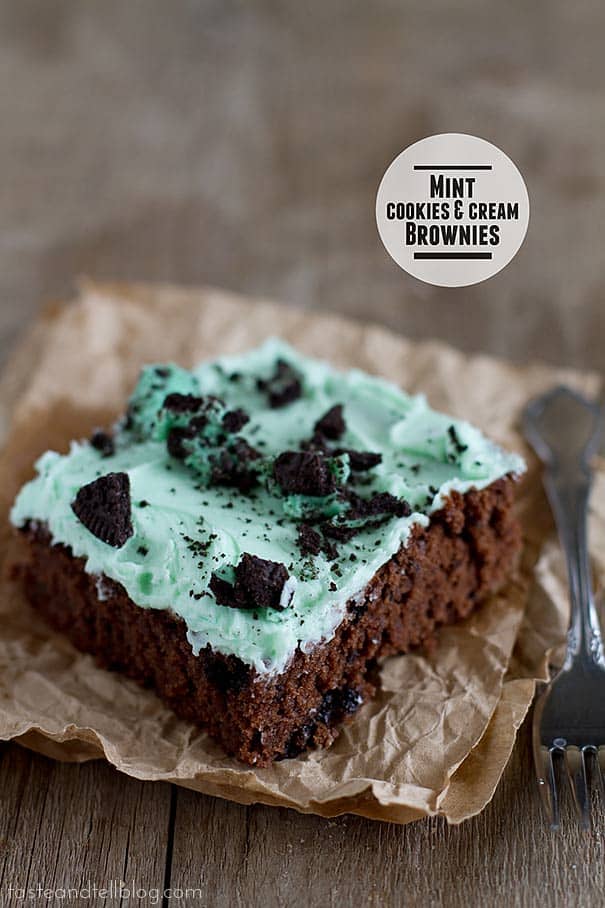 Chocolate brownies have mint cookie pieces throughout them, and then are topped with a mint frosting in these Mint Cookies and Cream Brownies.