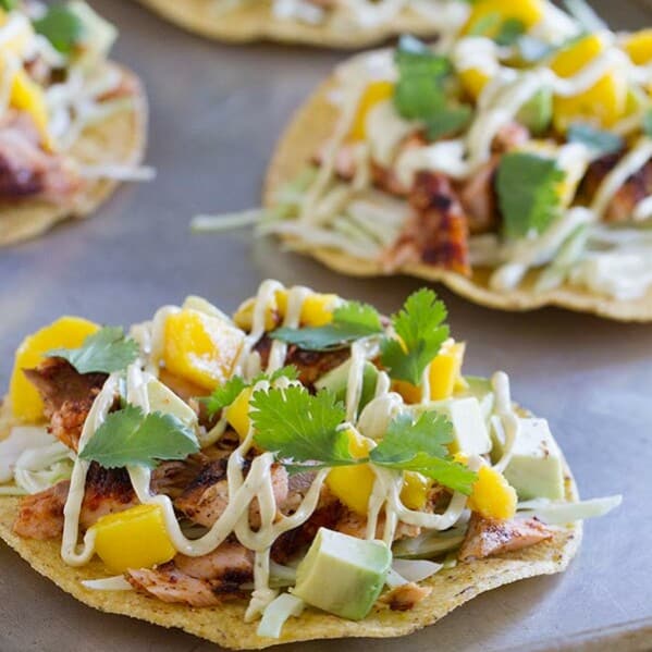 Blackened Salmon Tostadas on a baking sheet.