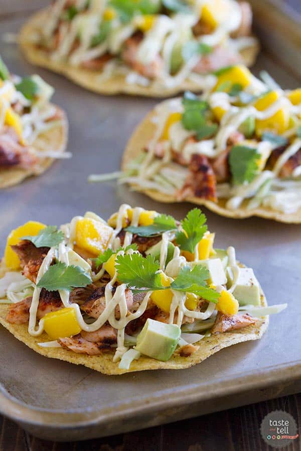 Blackened Salmon Tostadas on a baking sheet.