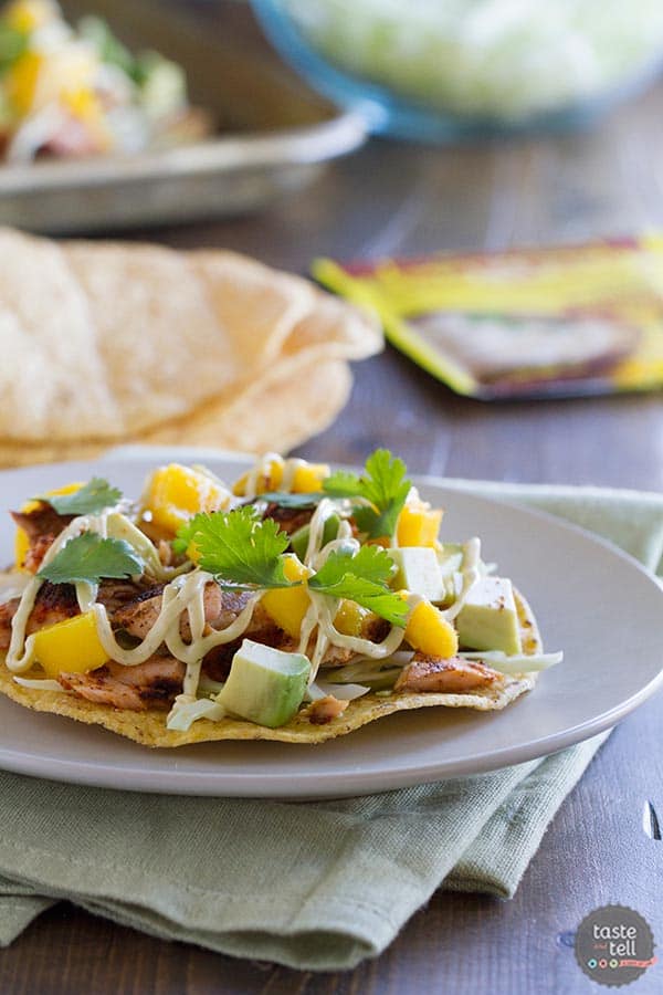 Blackened Salmon Tostadas on a plate.