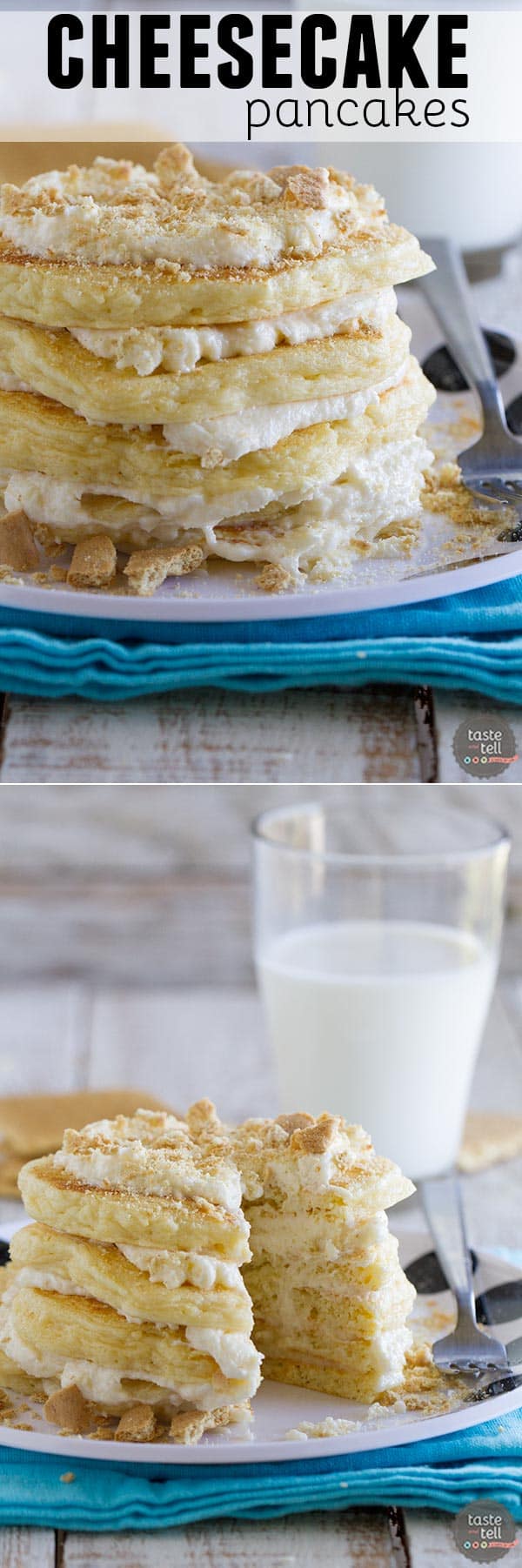 Pancakes for dessert!!  These fluffy Cheesecake Pancakes are topped with a cream cheese frosting and graham cracker crumbs for a fun and delicious treat.