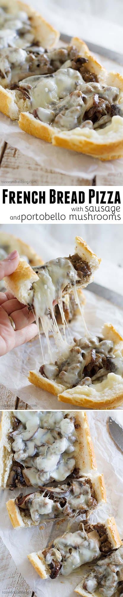 French bread is topped with cooked sausage, portobello mushrooms and cheese in this easy French bread pizza recipe.