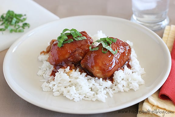 Recipe for chicken thighs in a soy sauce, honey, garlic and sauce made in the slow cooker.