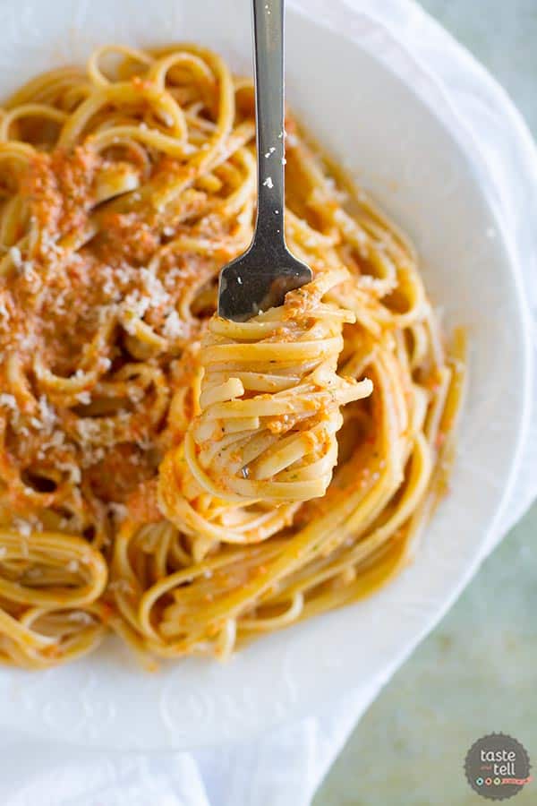 Recipe for Roasted Red Pepper Pesto Linguine, plus a review of Patsy's Italian Family Cookbook