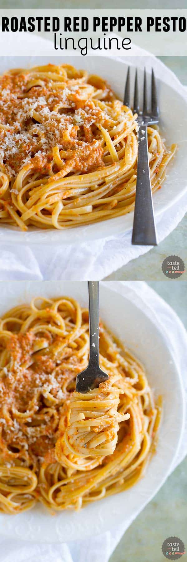 A roasted red pepper pesto is the star in this easy vegetarian pasta dinner.  This Roasted Red Pepper Pesto Linguine is easy enough for a weeknight, but fancy enough for a special dinner.