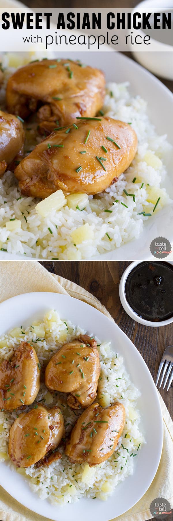 Boneless chicken thighs are coated in a sweet asian-inspired sauce and served over sweet pineapple rice in this Sweet Asian Chicken with Pineapple Rice.