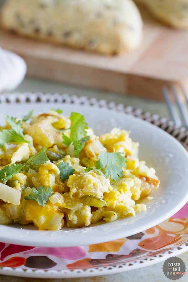 The perfect breakfast for dinner recipe, this Poblano Chile Scramble has eggs and potatoes cooked with freshly roasted chiles. A great taste of the southwest!