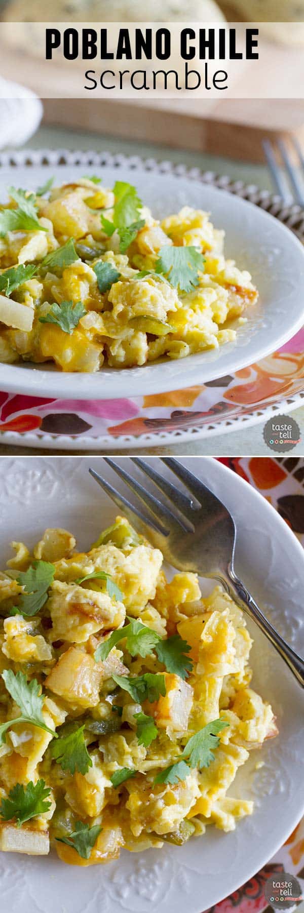 The perfect breakfast for dinner recipe, this Poblano Chile Scramble has eggs and potatoes cooked with freshly roasted chiles. A great taste of the southwest!