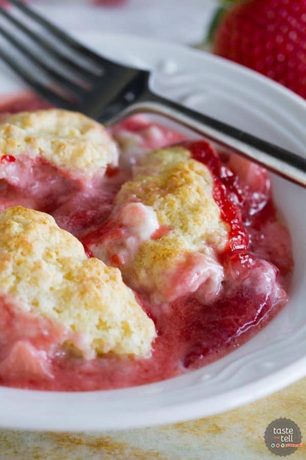 Bowl filled with Strawberry Cobbler with Cream Cheese.