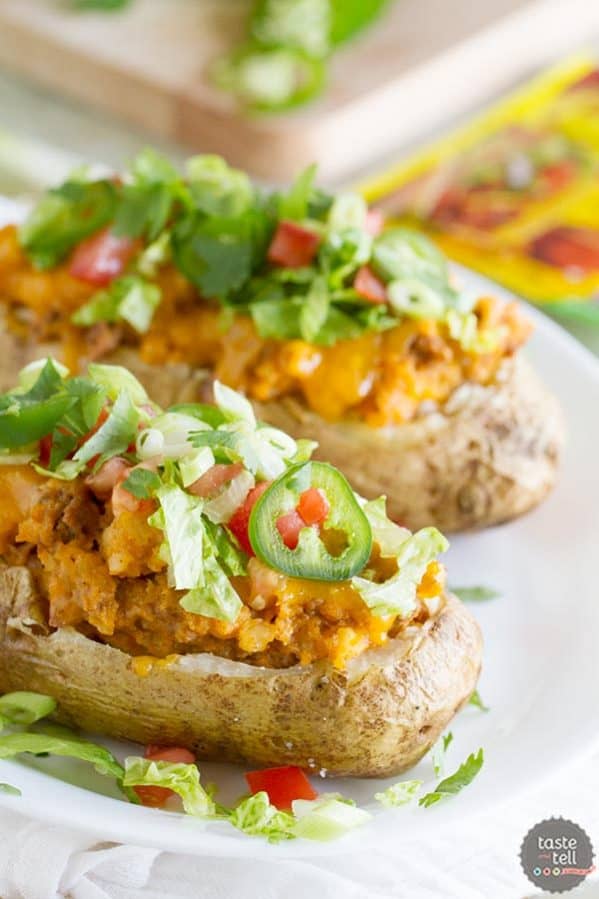 Break away from your normal Taco Tuesday with these Taco Stuffed Potatoes - twice baked potatoes with a southwestern twist!