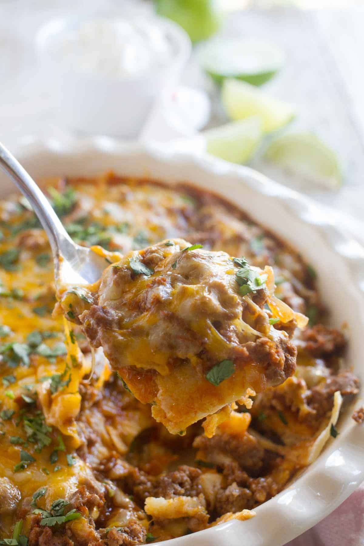 scoop of beef enchilada casserole