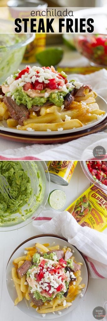 Truly indulgent, these Enchilada Steak Fries are an adaptation of the popular San Diego treat - Carne Asada Fries.  French fries get topped with steak, guacamole, sour cream and pico de gallo for the perfect southern California dish.
