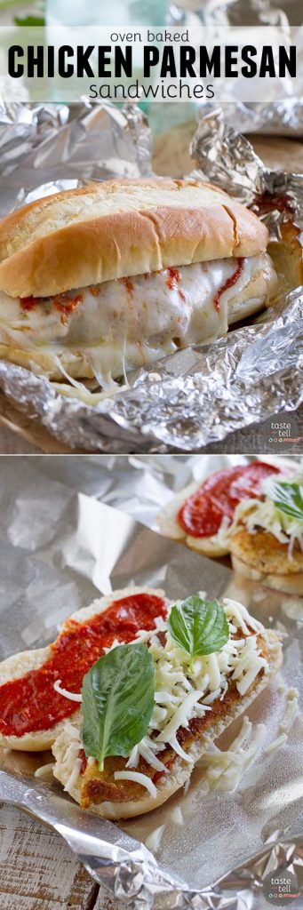 Chicken Parmesan goes sandwich style in these easy and portable Oven Baked Chicken Parmesan Sandwiches.  Breaded chicken is topped with marinara, cheese and basil, layered on a roll, then baked in a foil packet.