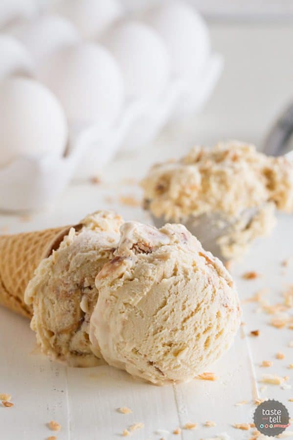 Say hello to summer with this salted caramel ice cream with toasted coconut flakes and salted caramel and fudge ribbons swirled throughout.