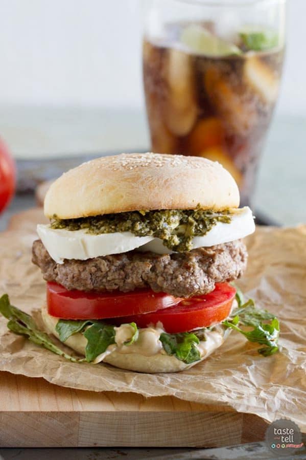 Summer in a burger, this Caprese Burger has all the flavors of a Caprese salad - mozzarella, tomatoes and basil. Plus a review of The Art of the Burger by Jens Fischer.