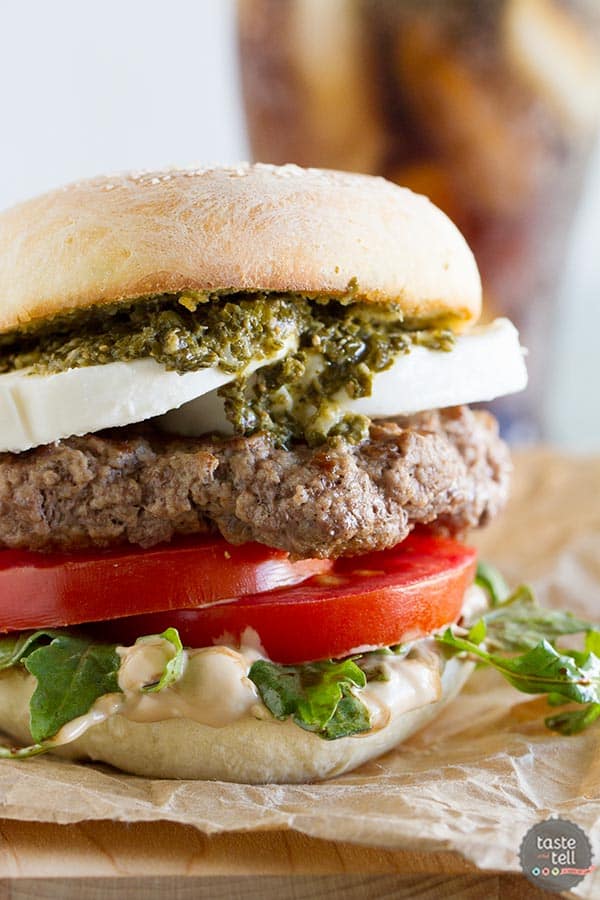 Summer in a burger, this Caprese Burger has all the flavors of a Caprese salad - mozzarella, tomatoes and basil. Plus a review of The Art of the Burger by Jens Fischer.