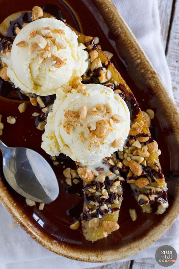 A modern take on the banana split, this Pan-Fried Banana Split recipe coats a banana in sugar and peanuts, then is served up with ice cream and an easy homemade chocolate sauce.