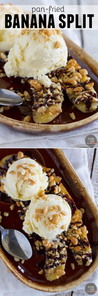 A modern take on the banana split, this Pan-Fried Banana Split recipe coats a banana in sugar and peanuts, then is served up with ice cream and an easy homemade chocolate sauce.