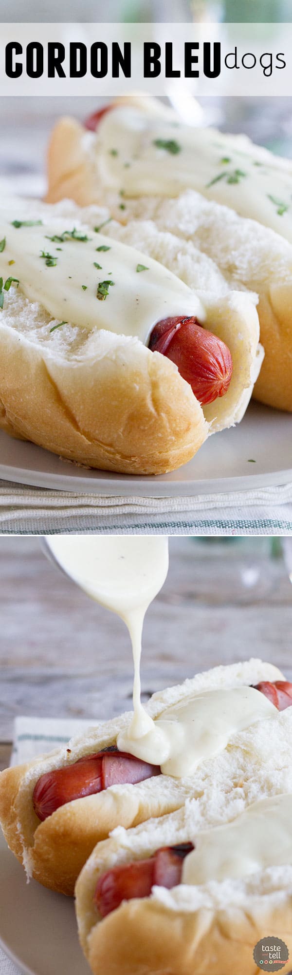 Cordon bleu doesn’t have to mean fancy - these Cordon Bleu dogs have hot dogs wrapped in ham and then topped with a creamy Dijon cheese sauce.