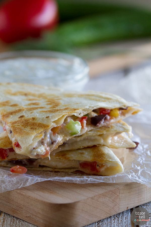All of your favorite Greek flavors in a cheesy tortilla! These Greek Quesadillas are great for lunch or an easy vegetarian dinner.