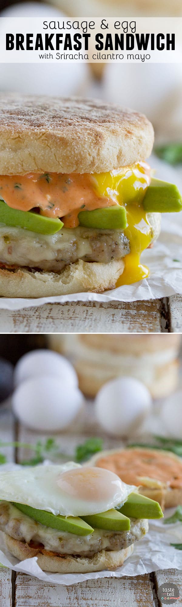 Perfect for breakfast, lunch or dinner, this Sausage and Egg Breakfast Sandwich Recipe has a homemade sausage patty and a perfectly cooked egg, and then is topped with an easy Sriracha Cilantro Mayonnaise.