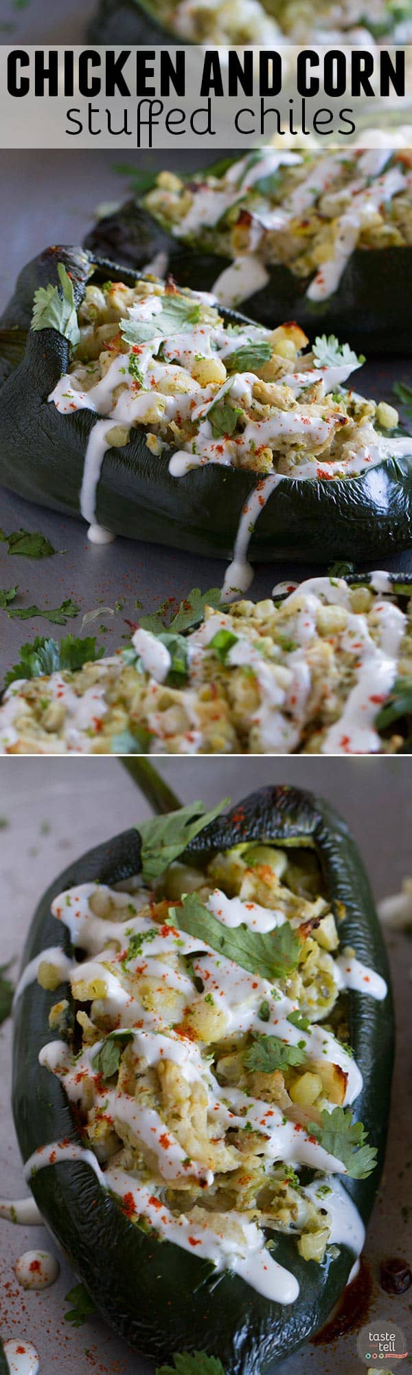 Flavor explosion! These Chicken and Corn Stuffed Chiles are packed with flavor - chicken, corn, cheese and salsa all inside a mild poblano pepper. Don’t skip the lime cream!