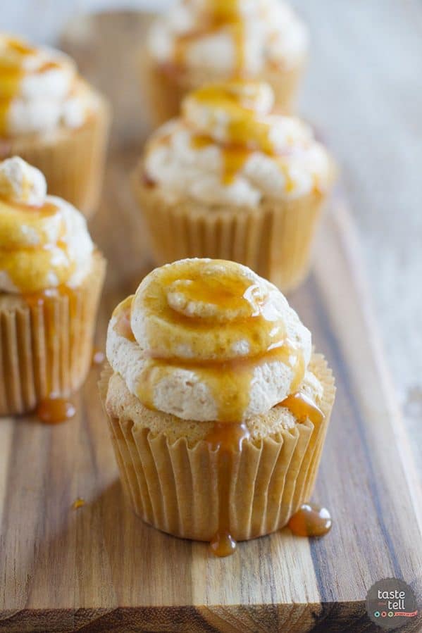 Light as a cloud, these Pumpkin Angel Food Cupcakes are filled with warm pumpkin flavor and topped with a pumpkin spiced whipped cream.