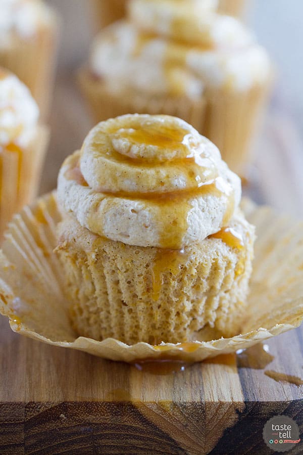 Light as a cloud, these Pumpkin Angel Food Cupcakes are filled with warm pumpkin flavor and topped with a pumpkin spiced whipped cream. 