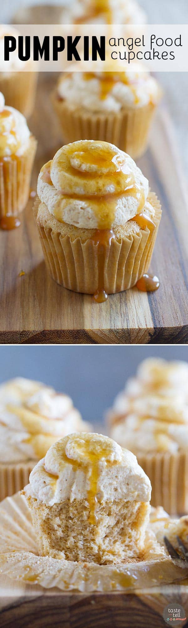 Light as a cloud, these Pumpkin Angel Food Cupcakes are filled with warm pumpkin flavor and topped with a pumpkin spiced whipped cream. 