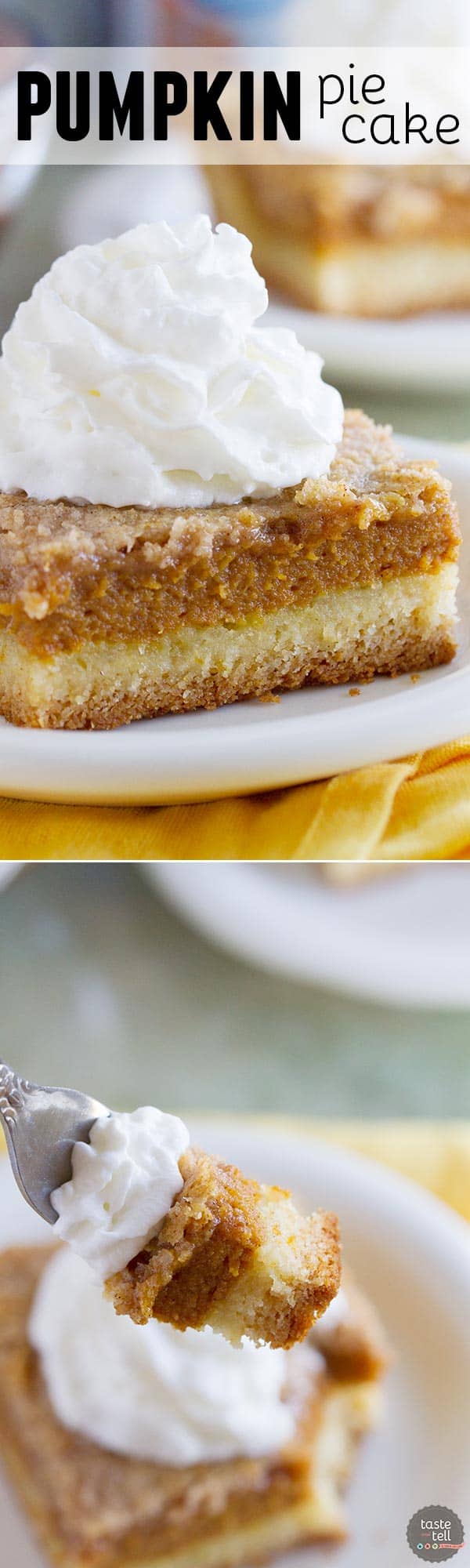 A favorite holiday staple turned into an easy and delicious cake! This Pumpkin Pie Cake has a cake crust with a creamy pumpkin center and a crunchy topping - a favorite the whole family loves!