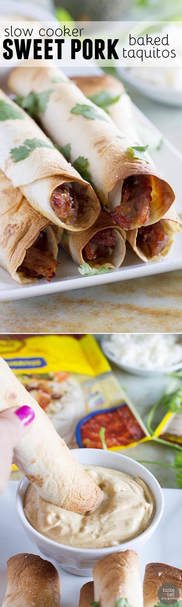 Pork gets slow cooked in a sweet and spicy sauce and then turned into an easy dinner with these Slow Cooker Sweet Pork Baked Taquitos.