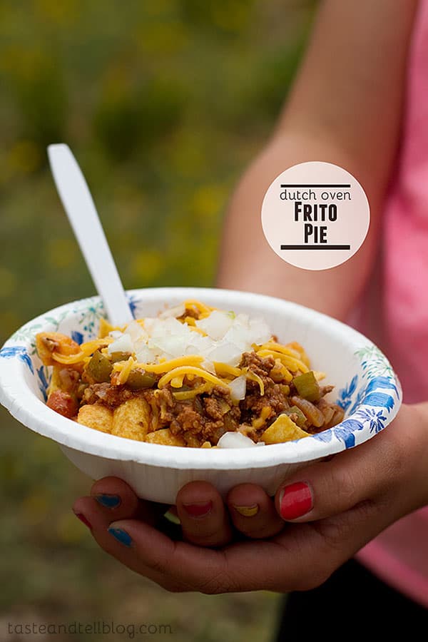 Dutch Oven Frito Pie - A Dutch oven chili recipe, perfect for topping Fritos for a delicious camping meal.