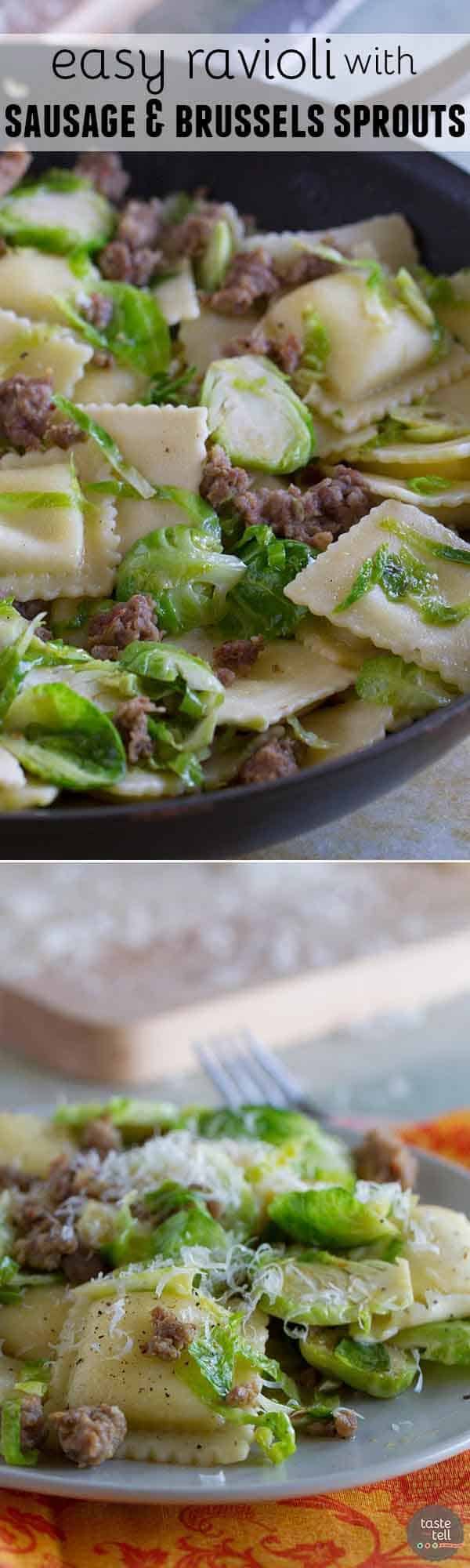 Looking for an easy, fast, dinner with less than 10 ingredient? This Easy Ravioli with Sausage and Brussels Sprouts comes together in well under 30 minutes and is delicious and filling.