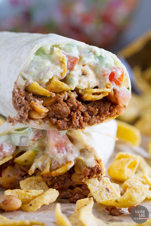 Frito Pie Burrito with two halves stacked on each other.