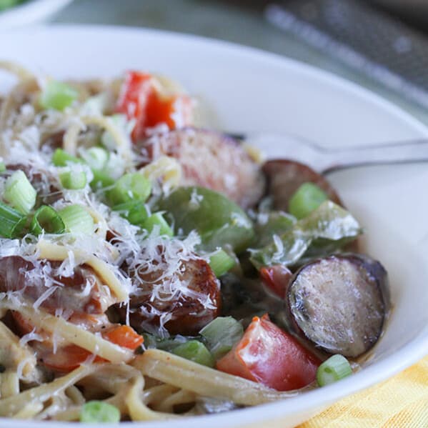 You’ll never know that this Lighter Cajun Sausage Pasta has less calories than most creamy pastas! A secret ingredient helps to make this dish lighter, yet it is still creamy and full of flavor.