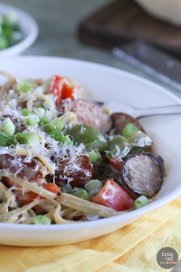 You’ll never know that this Lighter Cajun Sausage Pasta has less calories than most creamy pastas! A secret ingredient helps to make this dish lighter, yet it is still creamy and full of flavor.